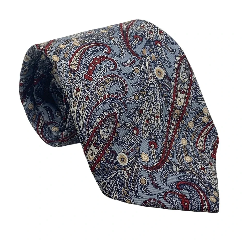 Saks Fifth Avenuel Men's Silk Tie Necktie Blue Red Tan Cream Paisley Floral